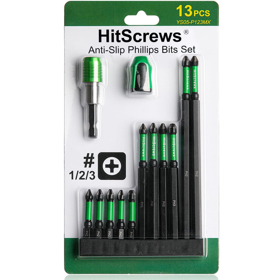 HitScrews 13-piece bit set with mixed sizes for versatile screwdriving tasks.