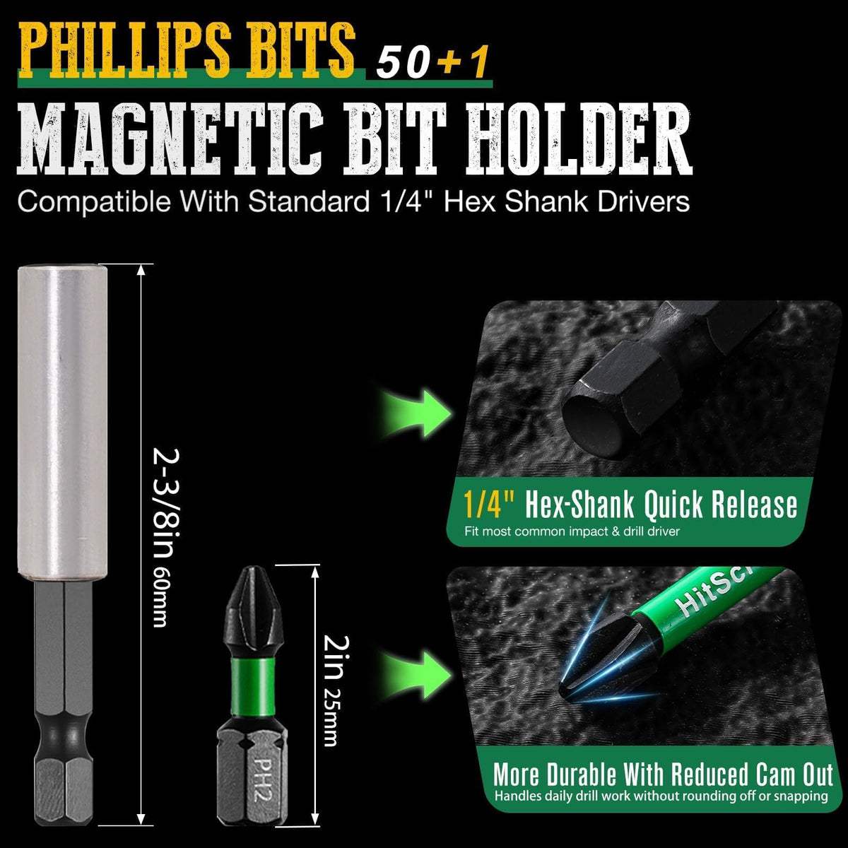 HitScrews magnetic bit holder close-up highlighting secure locking for quick changes.