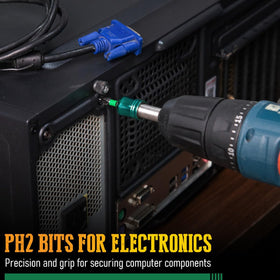 HitScrews magnetized PH2 head securely holds screws during operation.