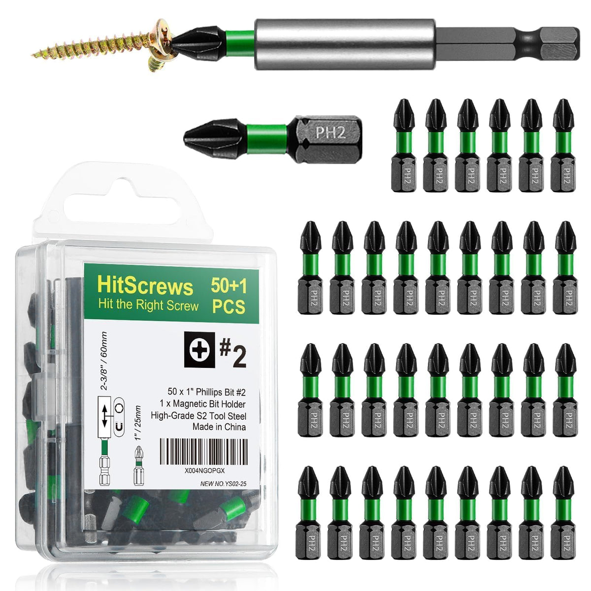 HitScrews PH2 1in bits pack showing durable S2 steel construction for impact drivers.