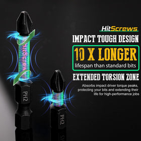 HitScrews PH2 bits with drywall screw compatibility for secure fits.