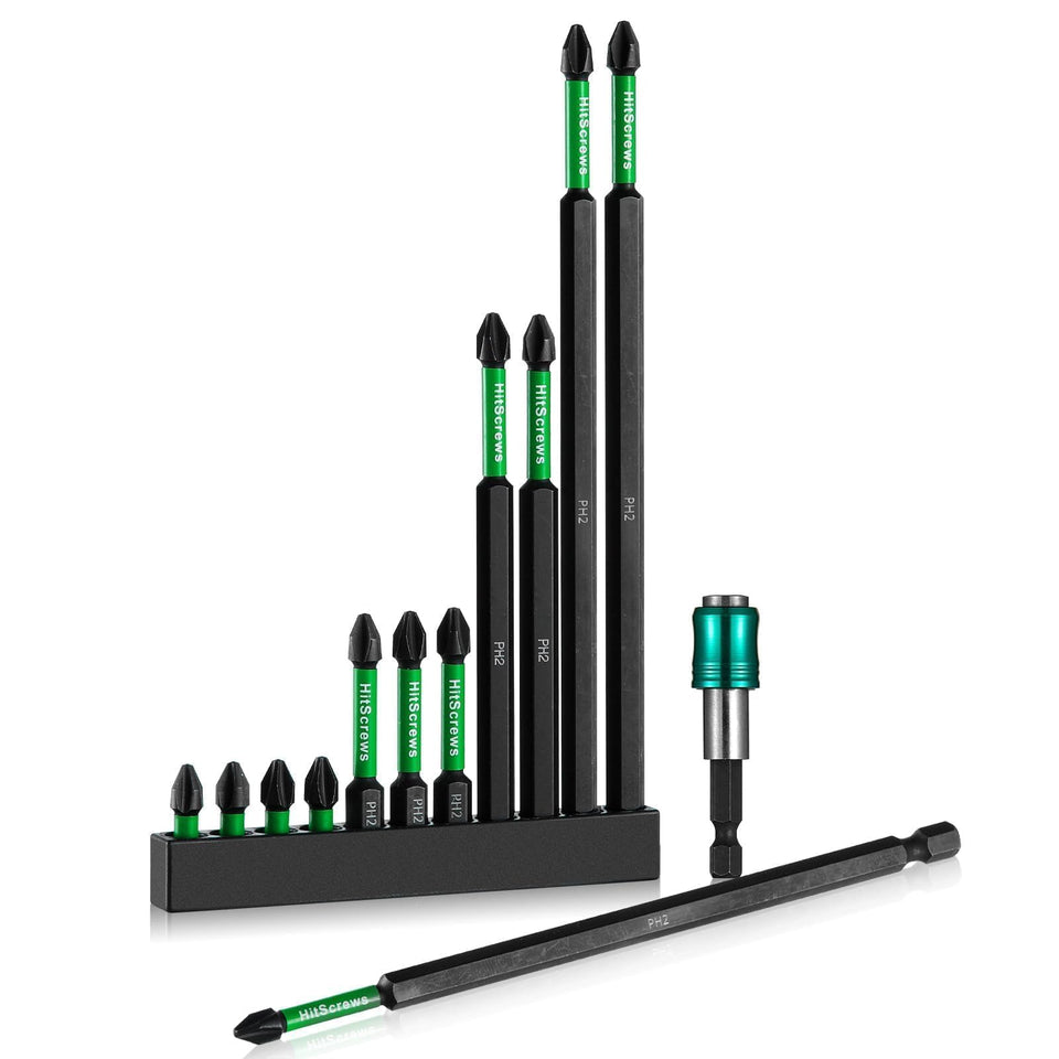 HitScrews PH2 long bit set 1-inch in use for tight cabinet fastenings with secure grip.