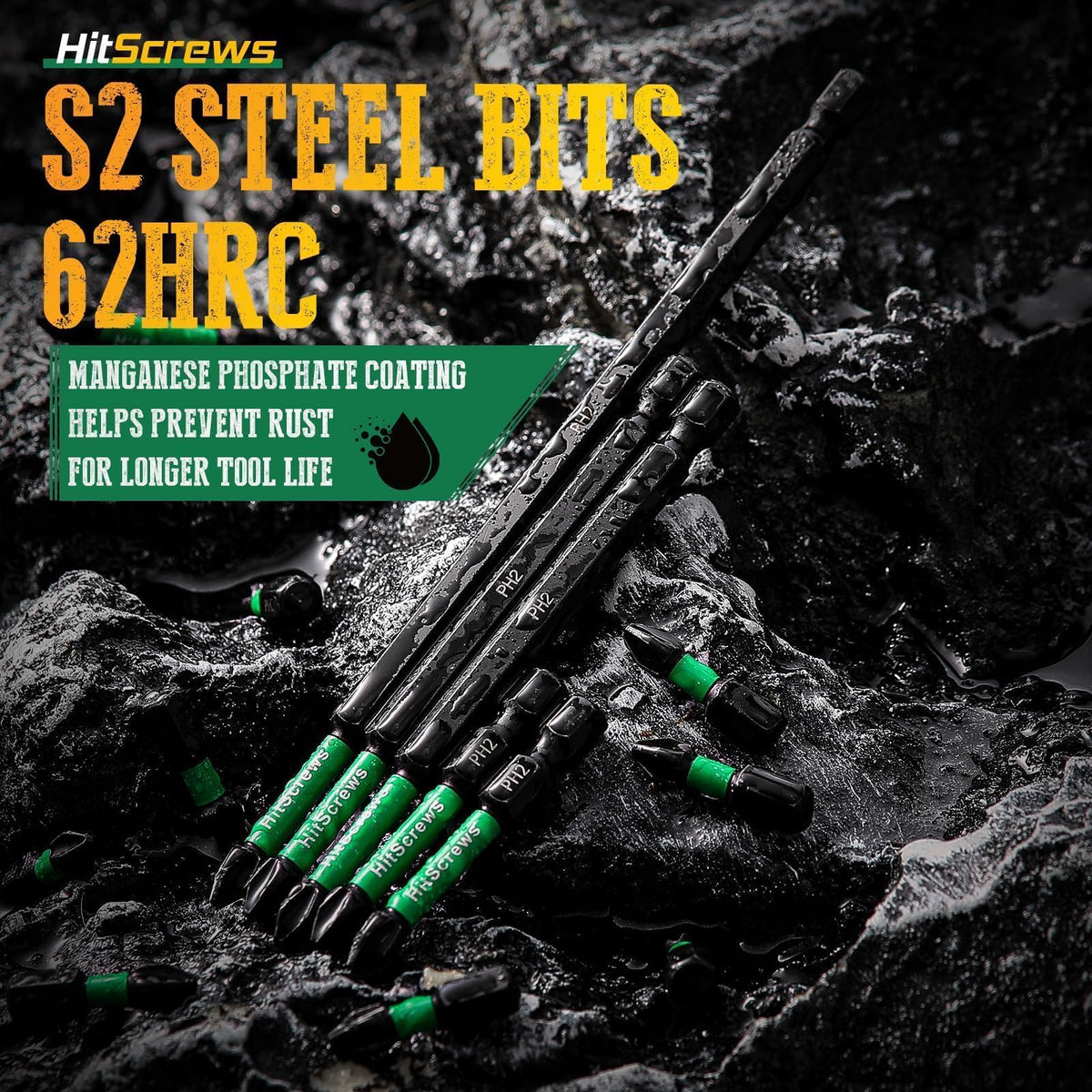 HitScrews S2 steel tips resist wear for repeated use and precise fits.