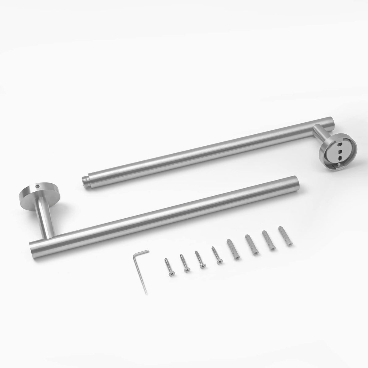 HITSLAM bracket-detail on brushed-nickel towel bar shows secure, rotation-free mounting.