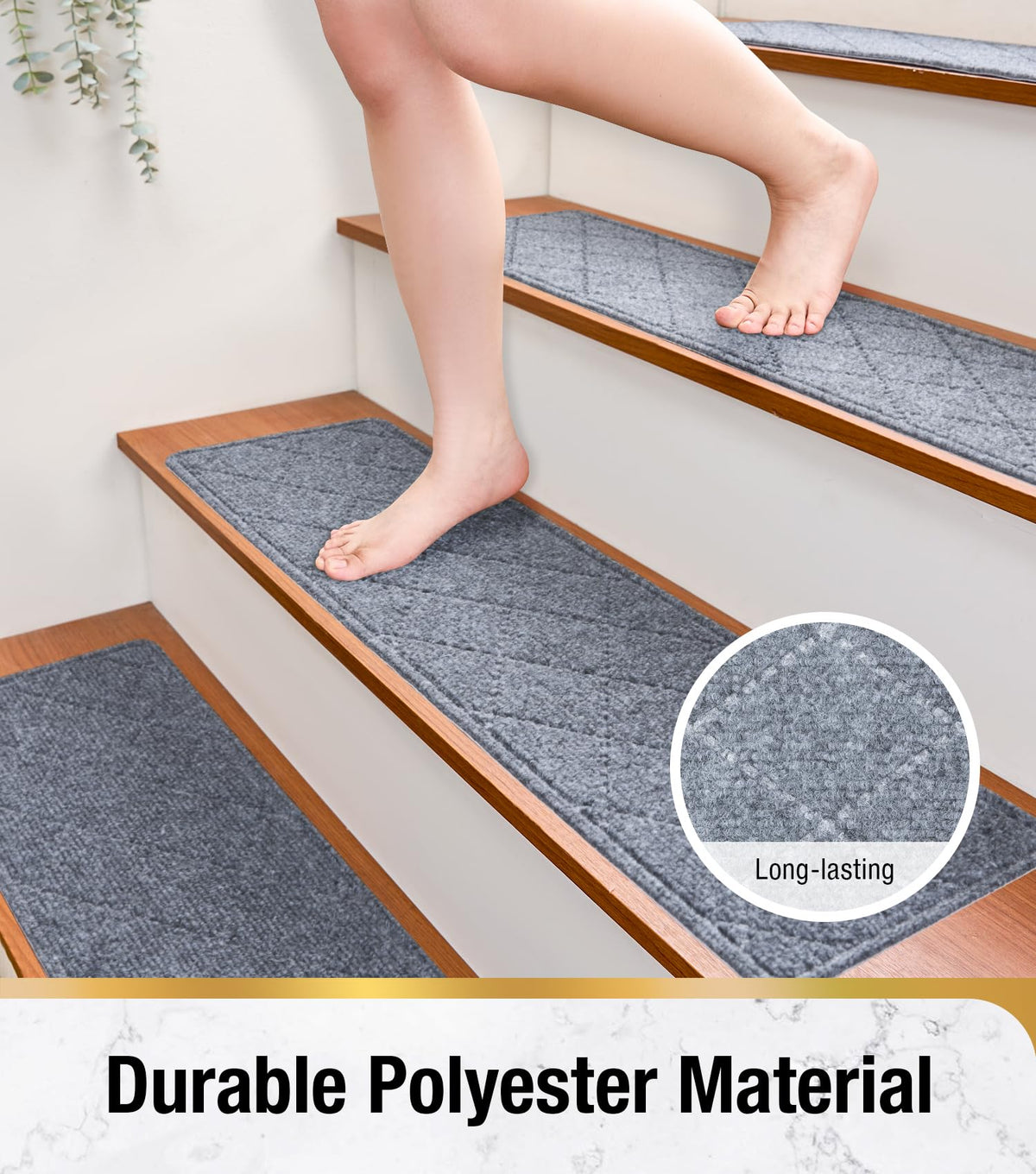 HITSLAM stair treads grey on wood stair closeup demonstrates cozy footwork and anti-slip surface.