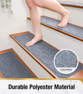 HITSLAM stair treads grey on wood stair closeup demonstrates cozy footwork and anti-slip surface.