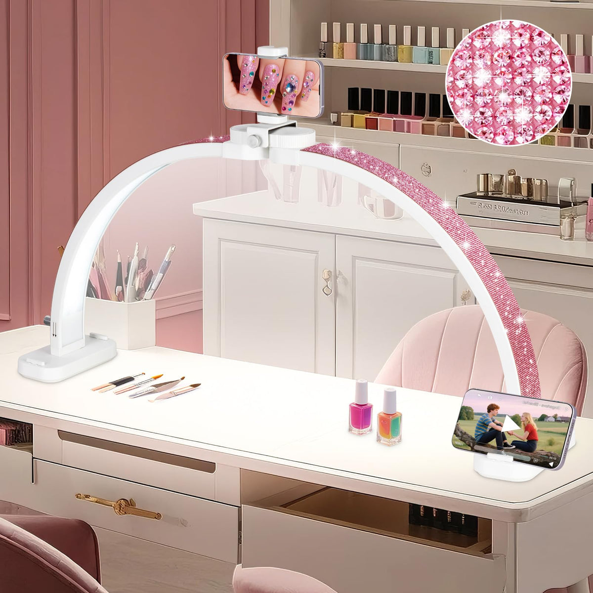 Hitti 31in half-moon nail desk lamp provides broad, shadow-free illumination