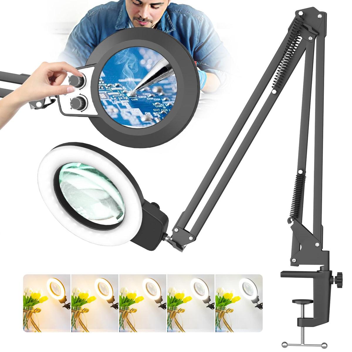 HITTI 12X magnifying glass with light and clamp offers extended-arm precision for crafts.
