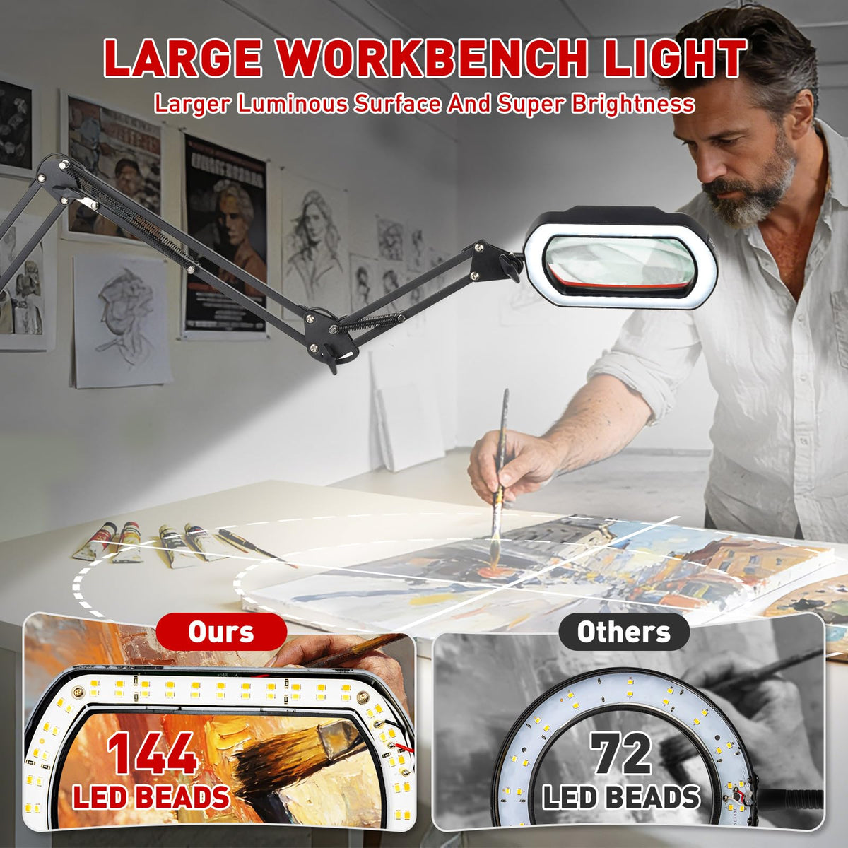Hittti extra-long 3-section arm enables wide reach for large workspaces