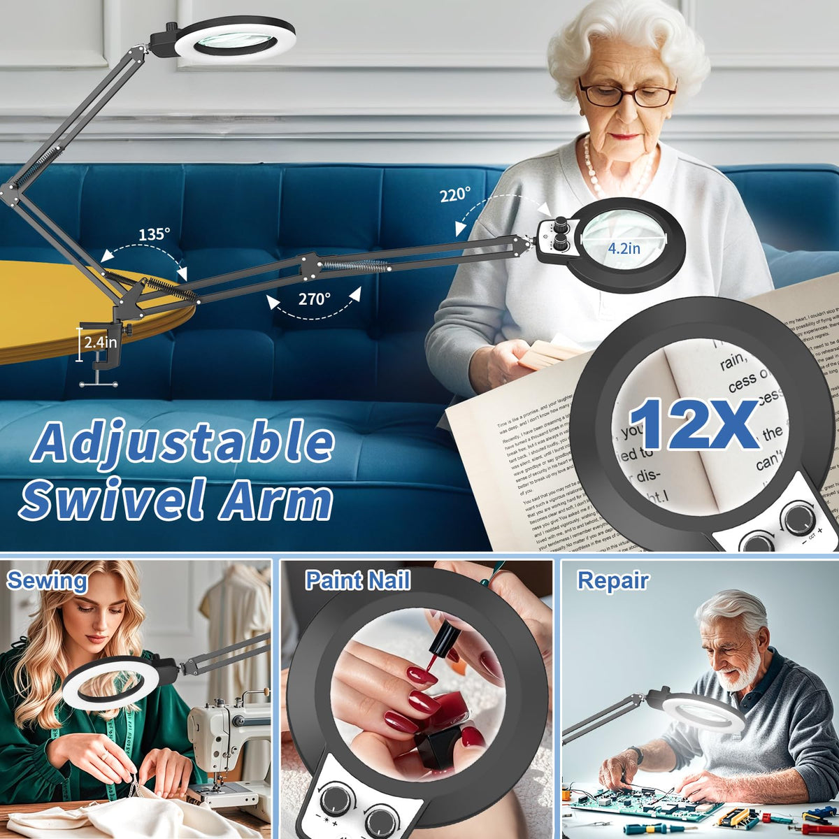 HITTI 12x real glass lens supports close-up reading and crafts.