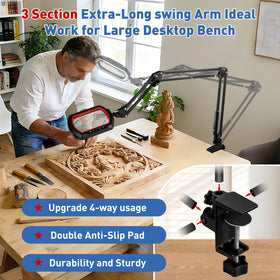 Hittti red magnifier on workbench highlights precise tasks with bright light