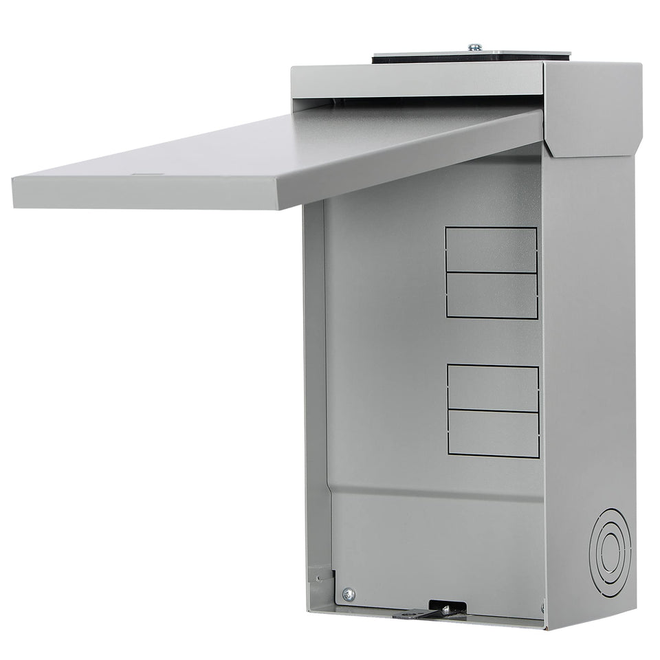 Hiweld 4-space load center shown for outdoor power distribution with eight circuits.