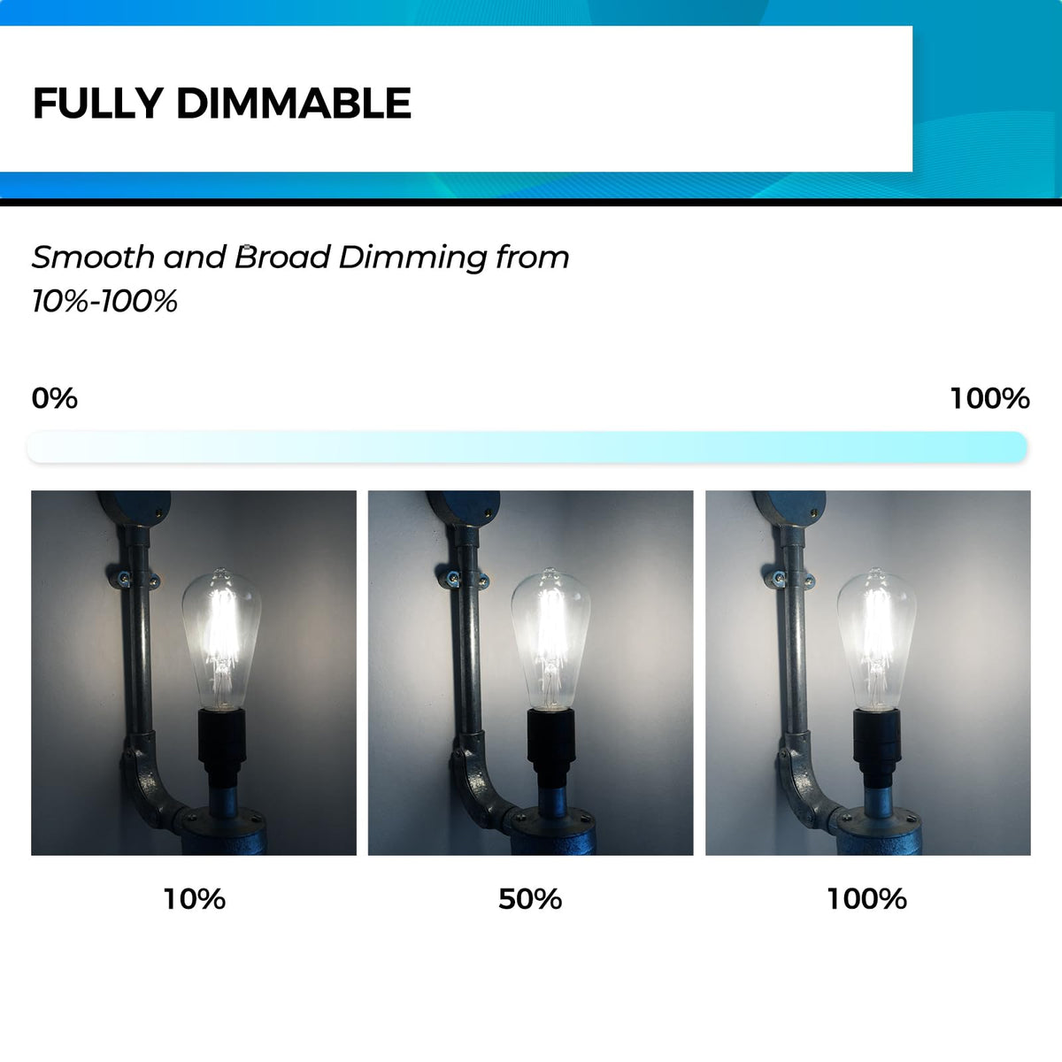 Hizashi dimmable Edison bulb showing 6W to 60W equivalent performance