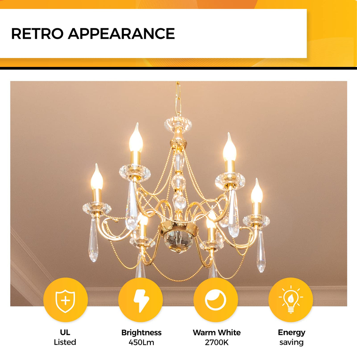 Hizashi flame tip bulbs showcase clear glass with a classic chandelier look.