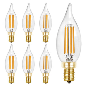 Hizashi LED candelabra bulbs emit soft 2700K warmth for chandeliers.
