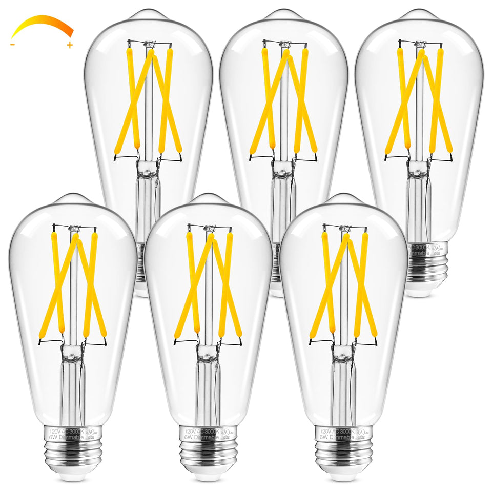 Hizashi LED Edison bulbs six-pack packaging, easy replacement and energy efficiency.