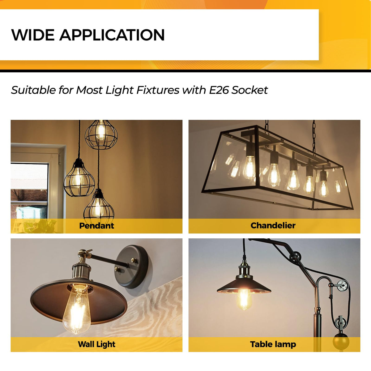 Hizashi LED Edison bulbs six-watt power saves energy, replaces sixty-watt incandescent.