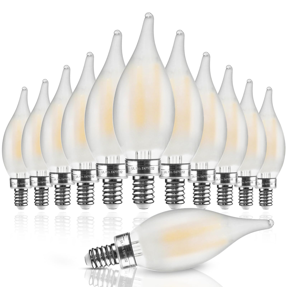 Hizashi LED frosted candelabra bulb showing warm 2700K glow for chandeliers.