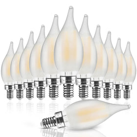 Hizashi LED frosted candelabra bulb showing warm 2700K glow for chandeliers.