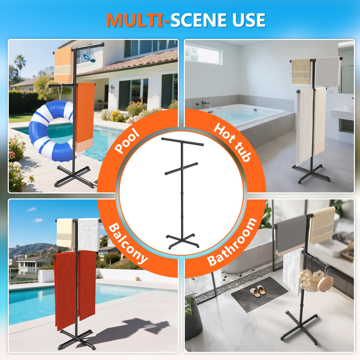 Hjarta multi-scene rack suits pool area, patio, and shower zones.