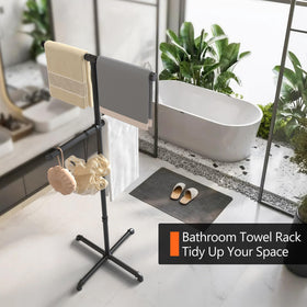 Hjarta towel rack near hot tub stores swimwear neatly after a dip.