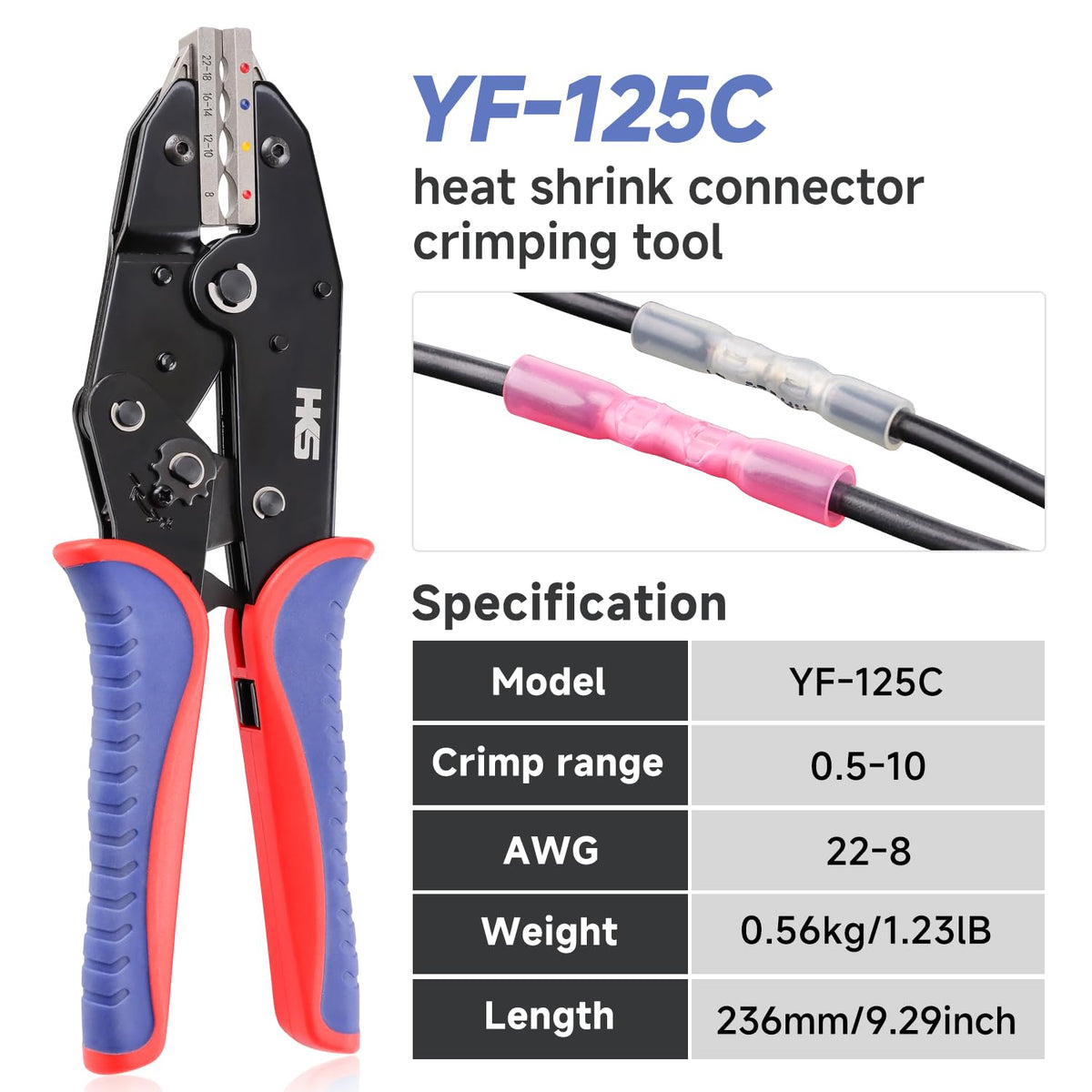 HKS ratcheting mechanism ensures secure first, then smooth wire insertion for clean crimps.