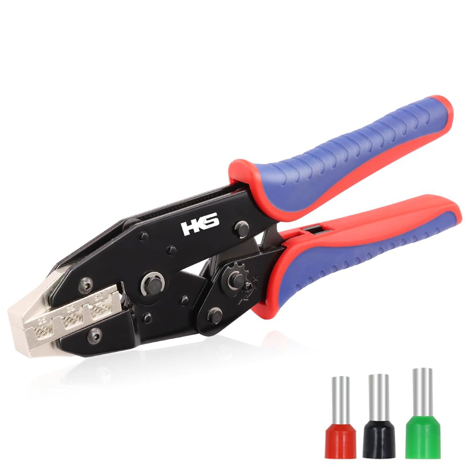 HKS crimping tool demonstrates sleeves ferrule ends for solid electrical connections.