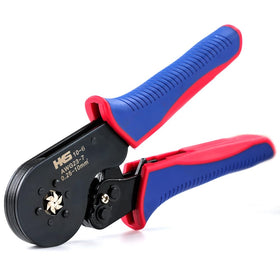 HKS ferrule crimping tool jaws close-up showing four-serrated square crimps for secure terminals.