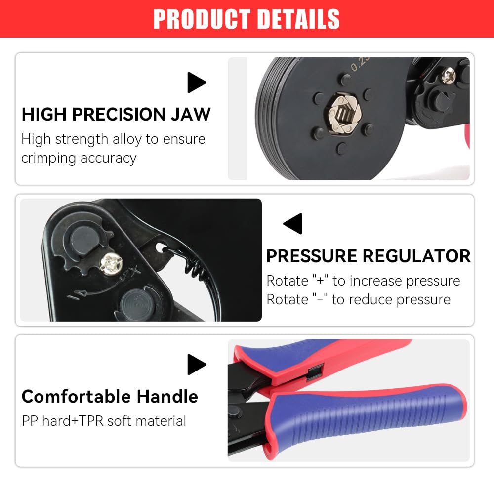 HKS ferrule crimping tool showing self-adjusting ratchet for correct crimp range.