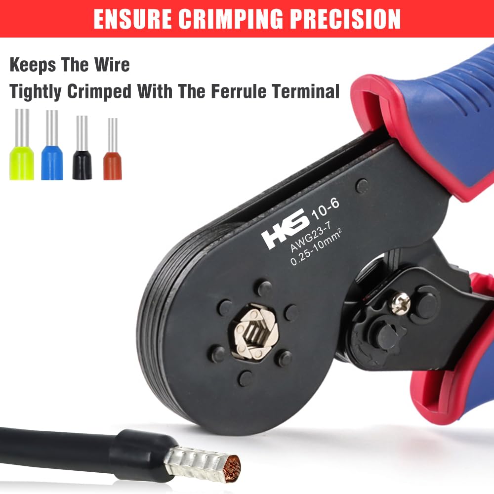 HKS ferrule crimping tool square-crimp surface detail with four serrated crimps.
