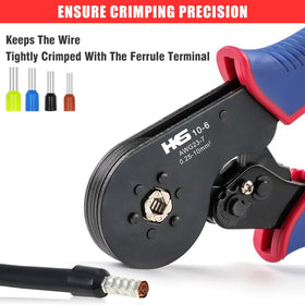 HKS ferrule crimping tool square-crimp surface detail with four serrated crimps.