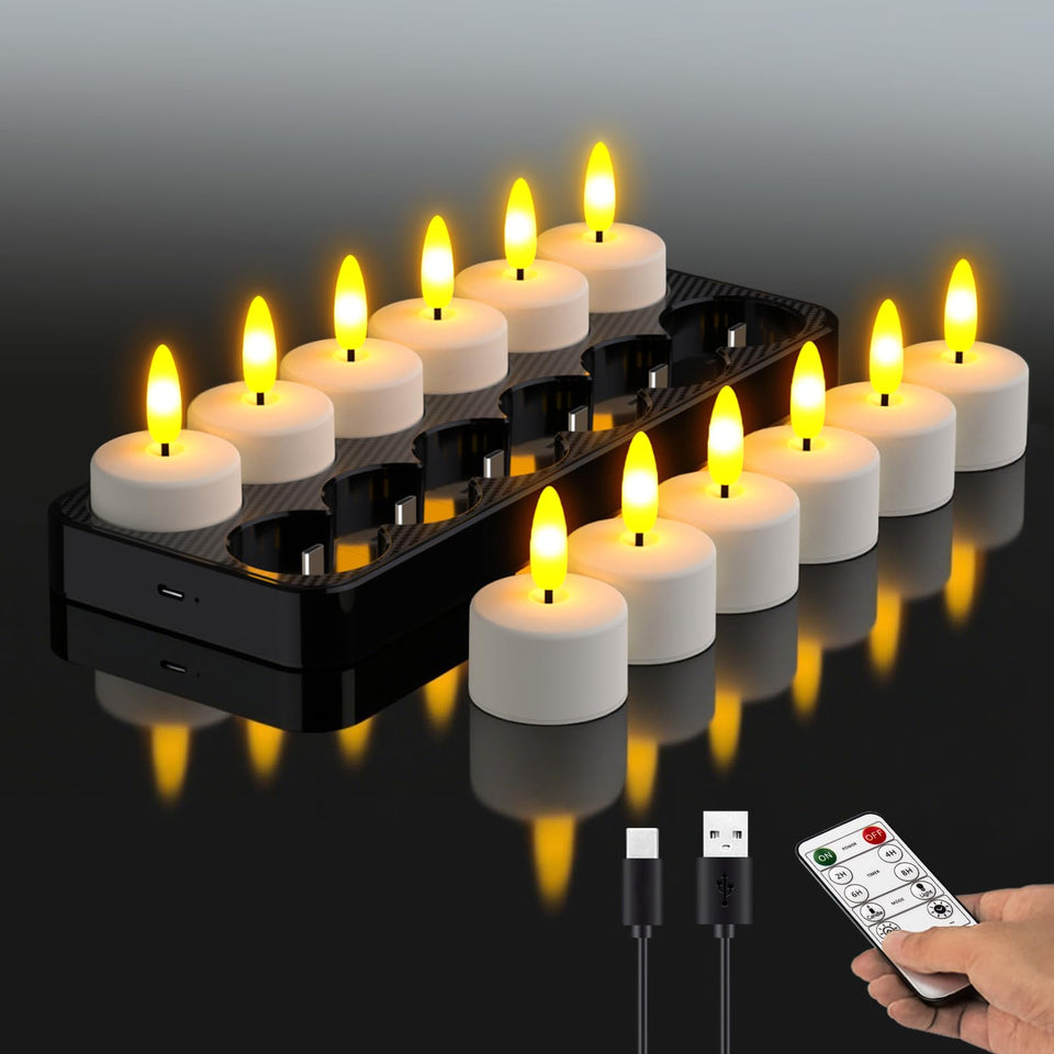 HL Rechargeable LED tea lights with charging base provide long-lasting ambiance for indoors and outdoors.