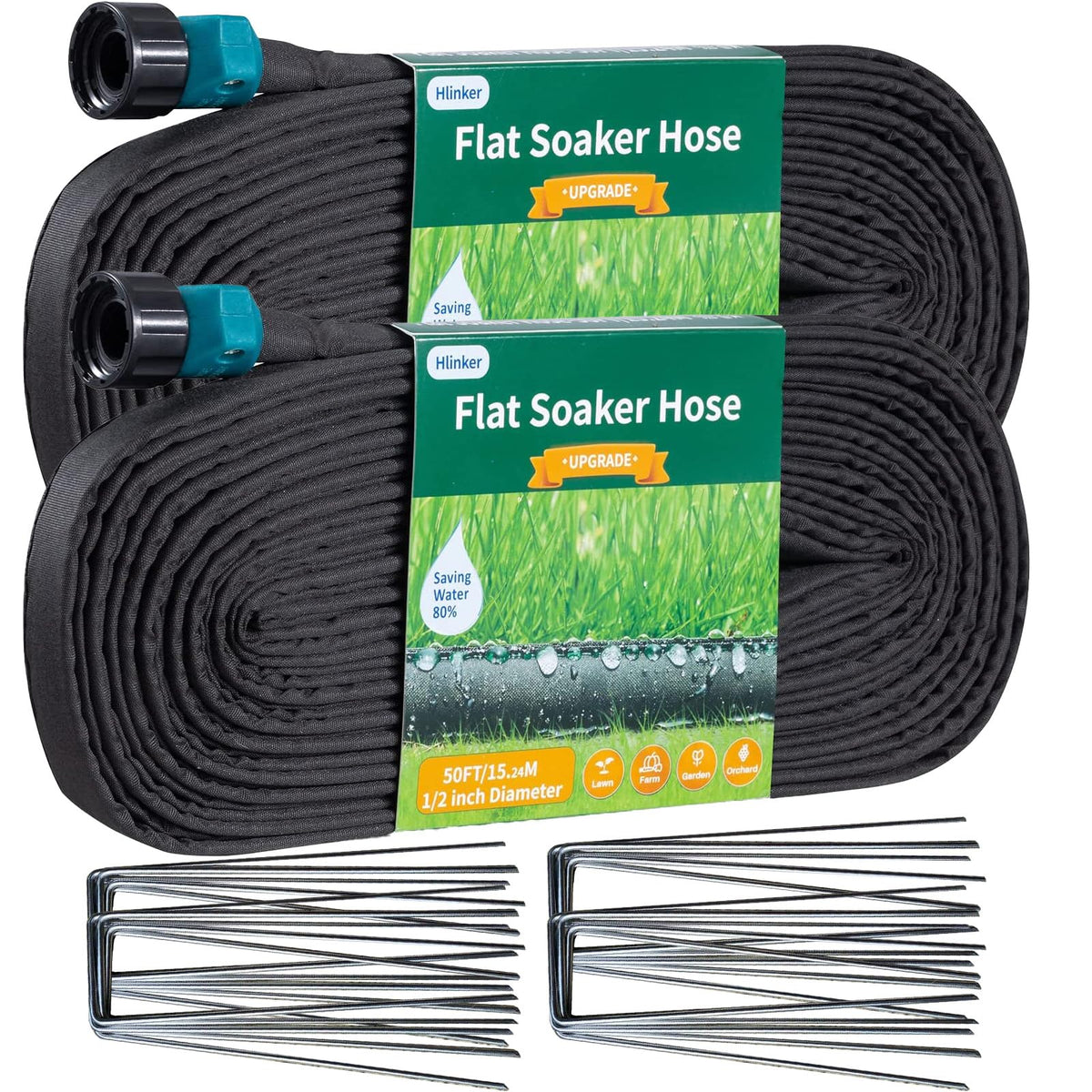 Hlinker flat soaker hose 100ft with stake for steady garden irrigation