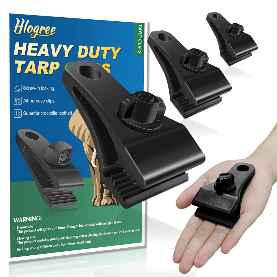 HLOGREE tarp clip demonstrates heavy-duty grip for secure tarps