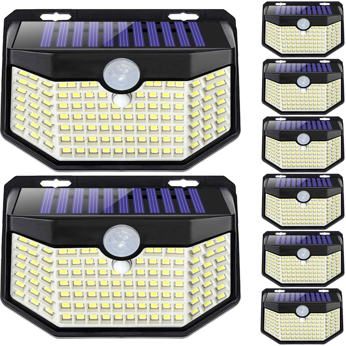 HMCITY 120 LED outdoor solar lights illuminate pathways at night with motion sensor.