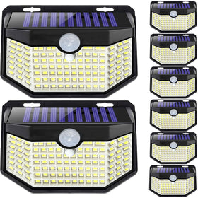 HMCITY 120 LED outdoor solar lights illuminate pathways at night with motion sensor.