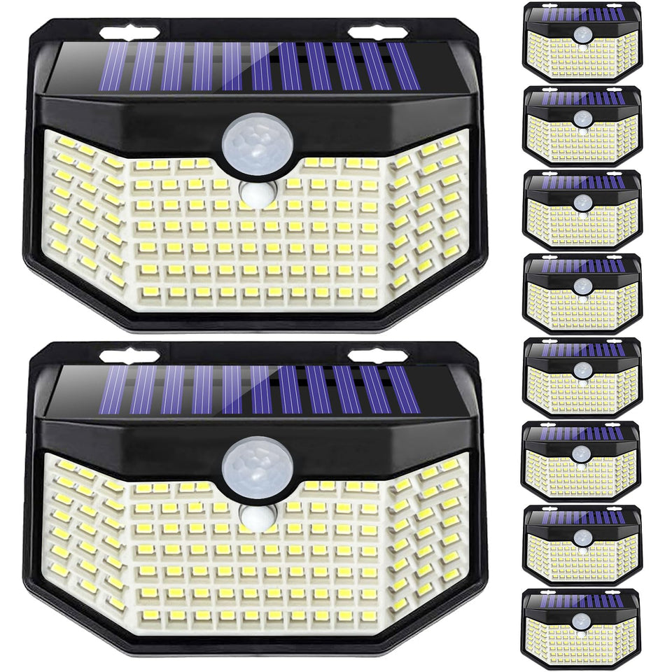 HMCITY 120 LED outdoor solar light with motion sensor for bright security lighting.
