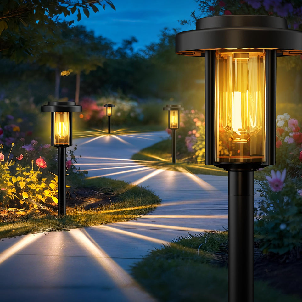 HMDecor solar pathway light with clear lens and vintage bulb for warm ambiance.