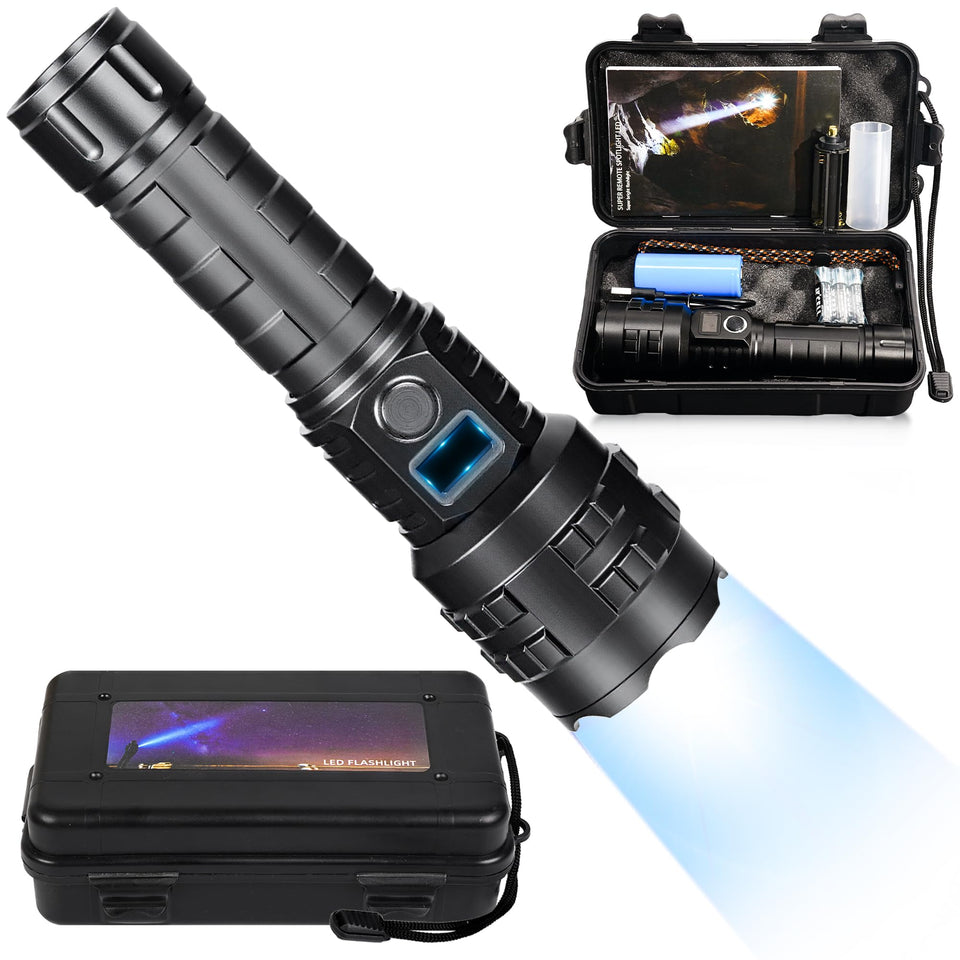HMFREE flashlight beam wide at 1000000 lumens illuminates distant trails.