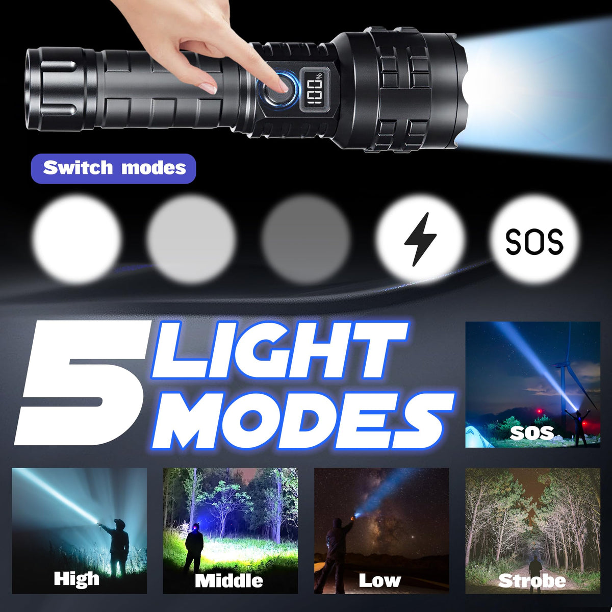 HMFREE flashlight adjustable head offers flood and spot modes for near and far targets.