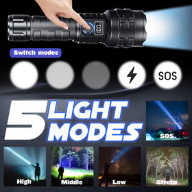 HMFREE flashlight adjustable head offers flood and spot modes for near and far targets.