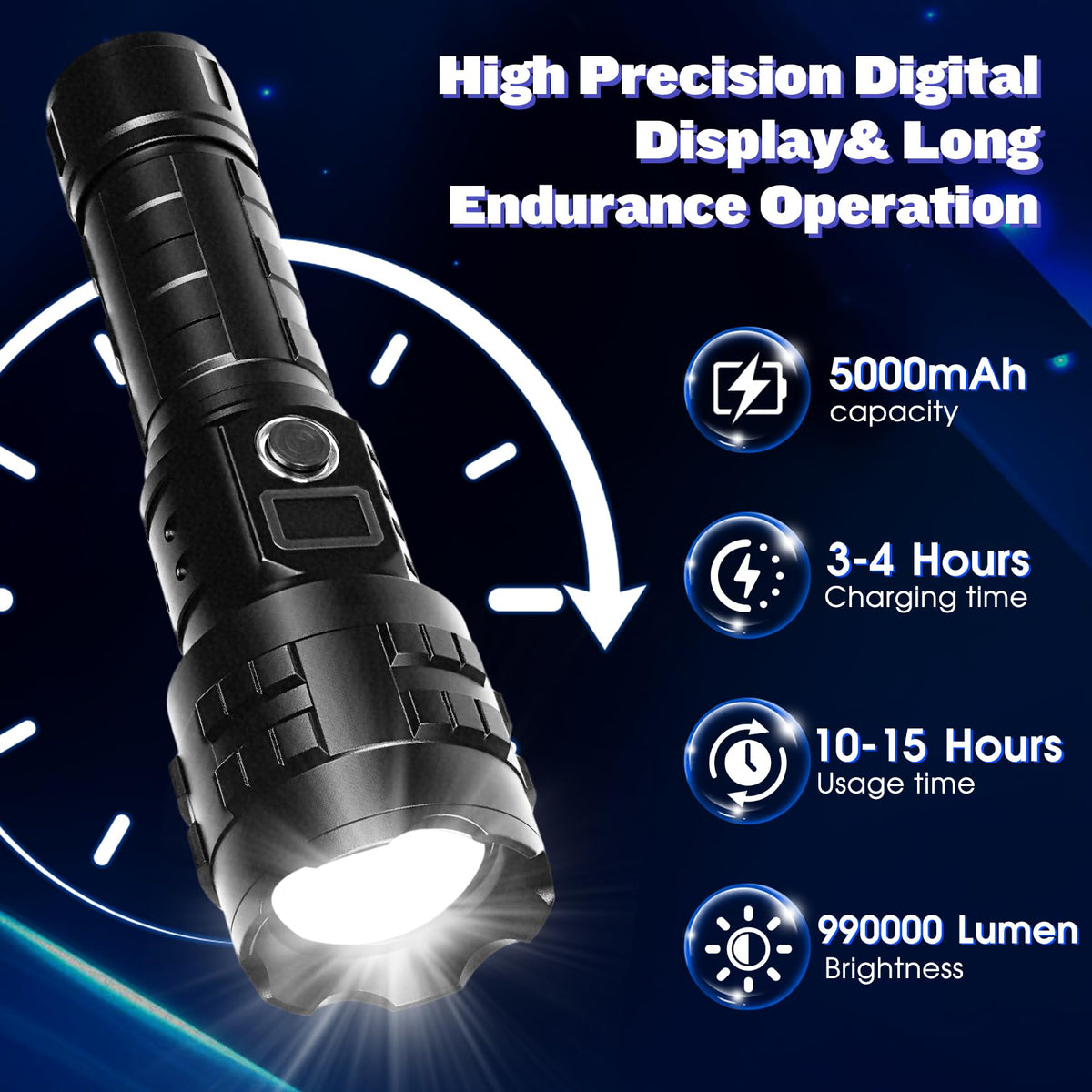 HMFREE flashlight long-lasting battery sustains hours of brightness in outdoor activities.