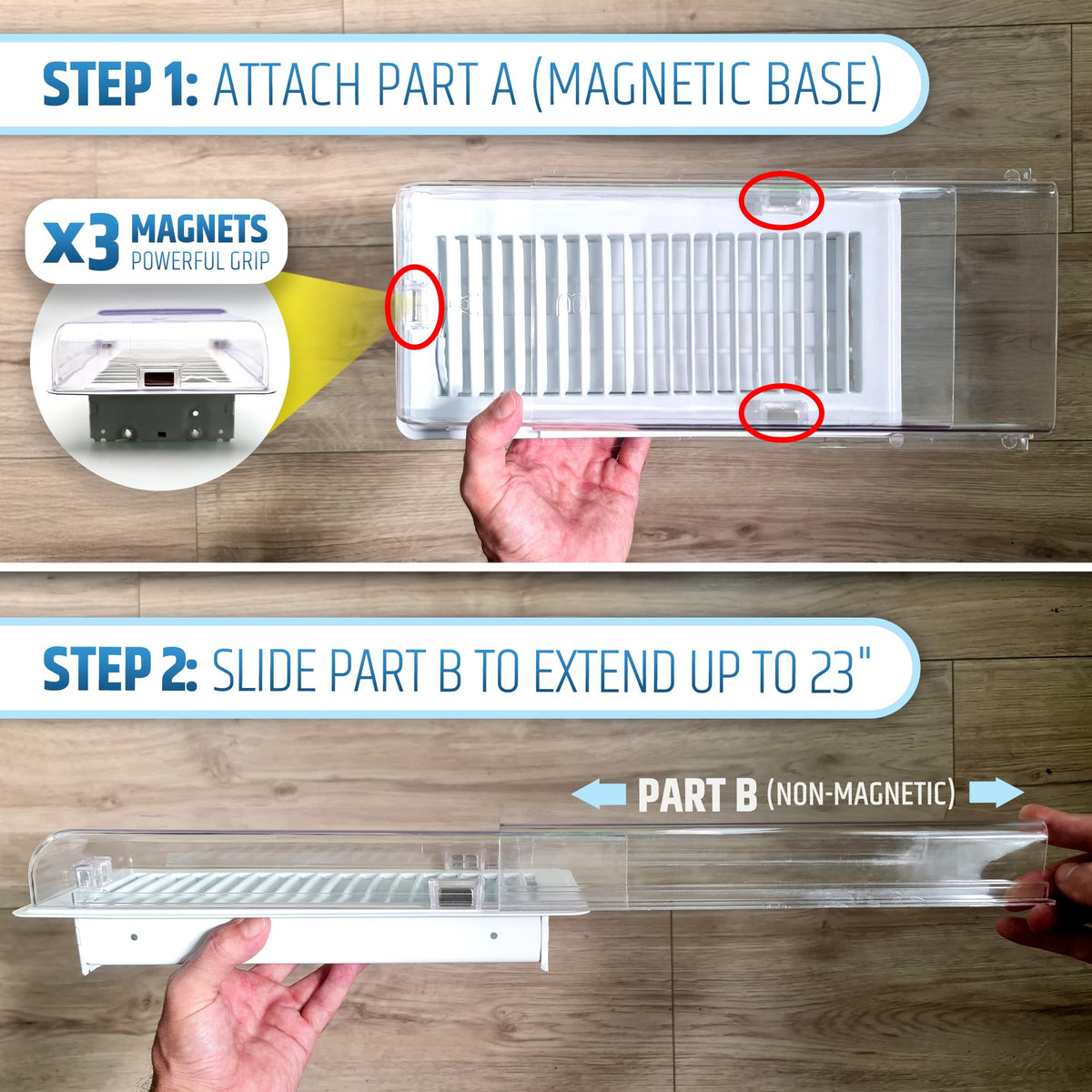 HMmagnets deflector uses magnets and adhesive tabs for metal and nonmetal vents