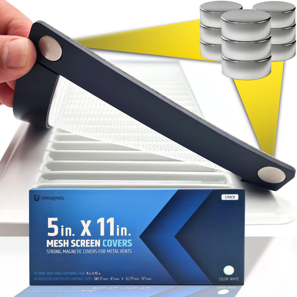 HMmagnets vent screen fits 5–6 in by 11–12 in vents, reduces debris entry.