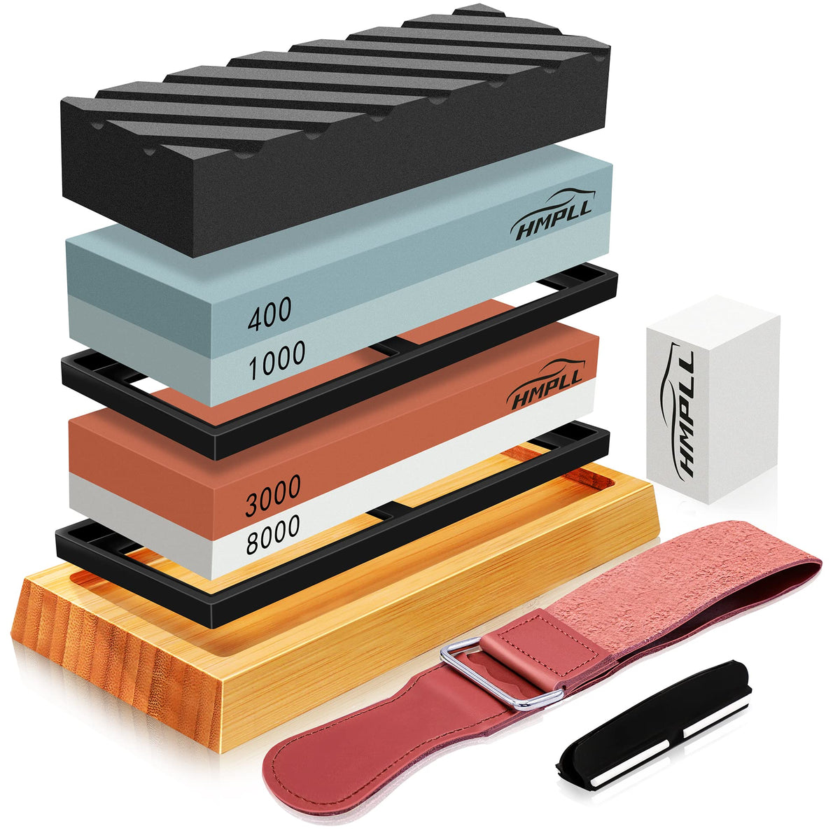 HMPLL knife sharpening stone set shown in side view for stable, precise sharpening