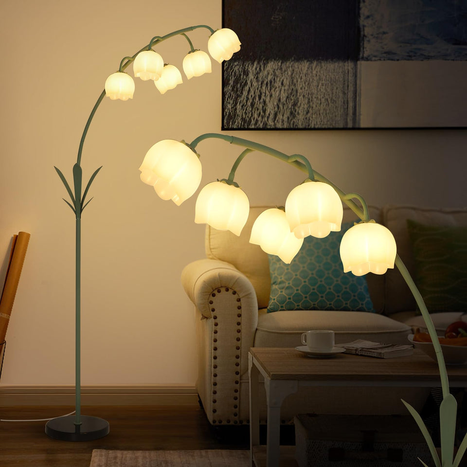 HMVPL Arc Floor Lamp with flower design provides ambient lighting for living rooms.