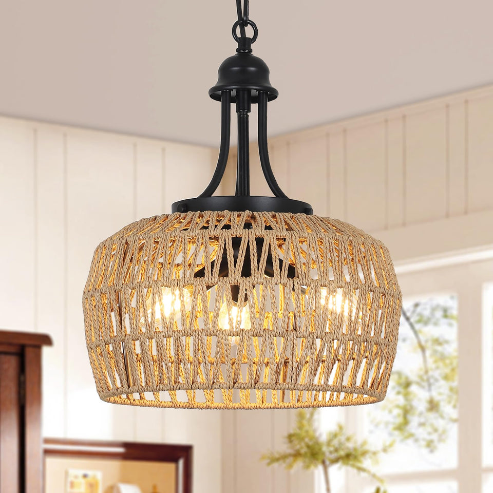 HMVPL farmhouse chandelier over dining table enhances ambience with natural rattan warmth.