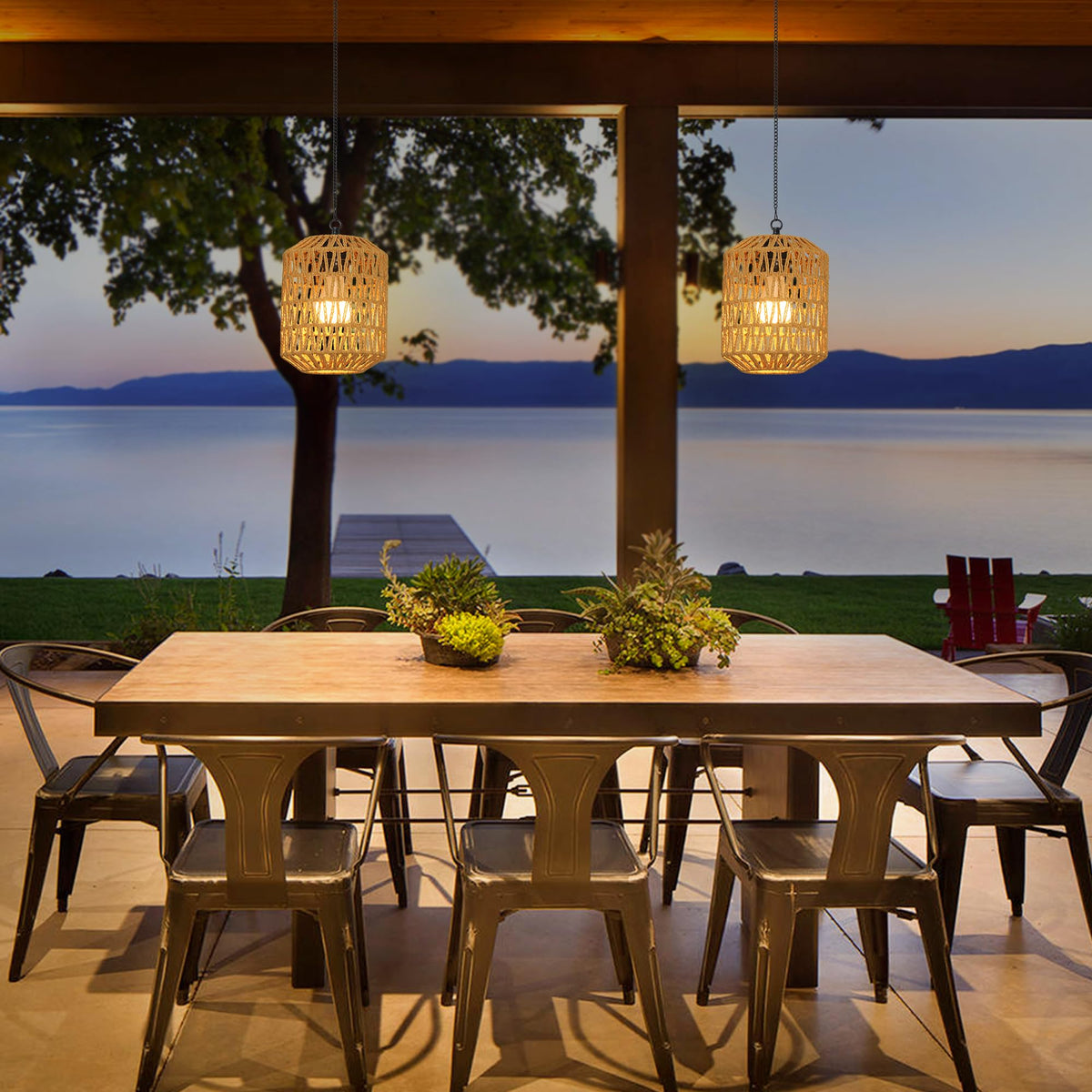 HMVPL outdoor pendant light with remote control for easy brightness control.