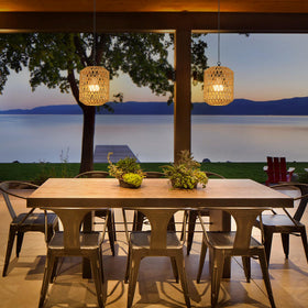 HMVPL outdoor pendant light with remote control for easy brightness control.