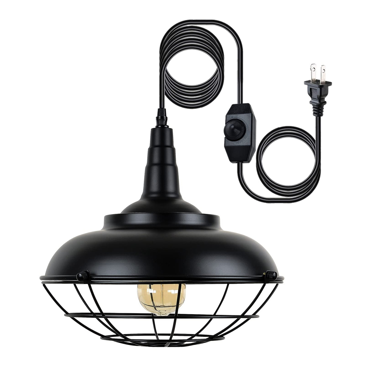 HMVPL plug-in hanging light with black cage close-up for ambient room lighting